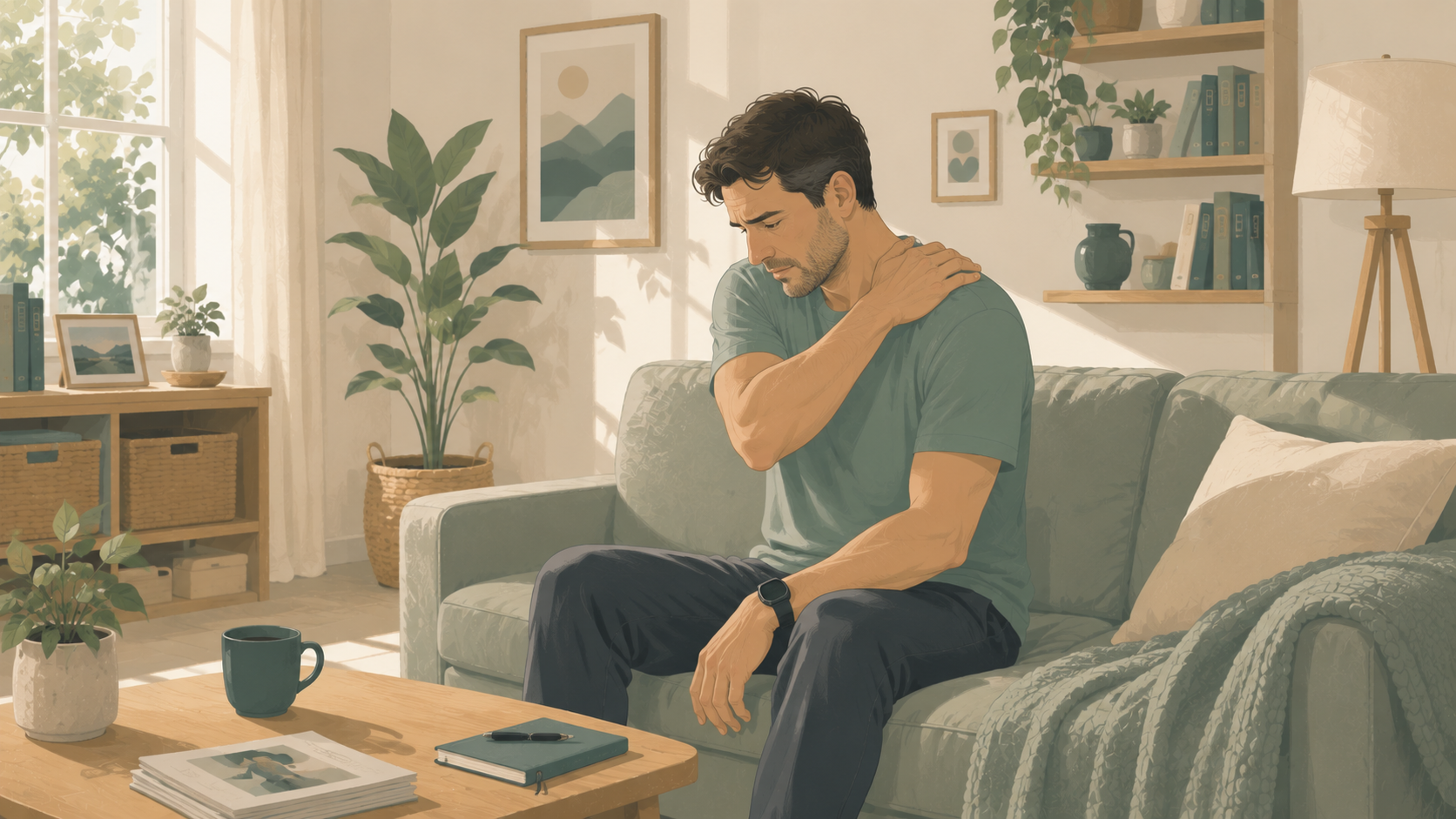 Illustration of a man sitting on a sofa while rubbing his shoulder in a bright, Scandinavian-inspired living room.