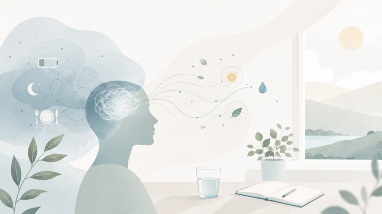 Minimalist editorial illustration of a person sitting at a desk with abstract tangled thoughts gradually becoming clear. Soft symbols representing sleep, hydration, nutrition, and nature flow toward the person, illustrating how healthy habits support mental clarity and reduce brain fog.