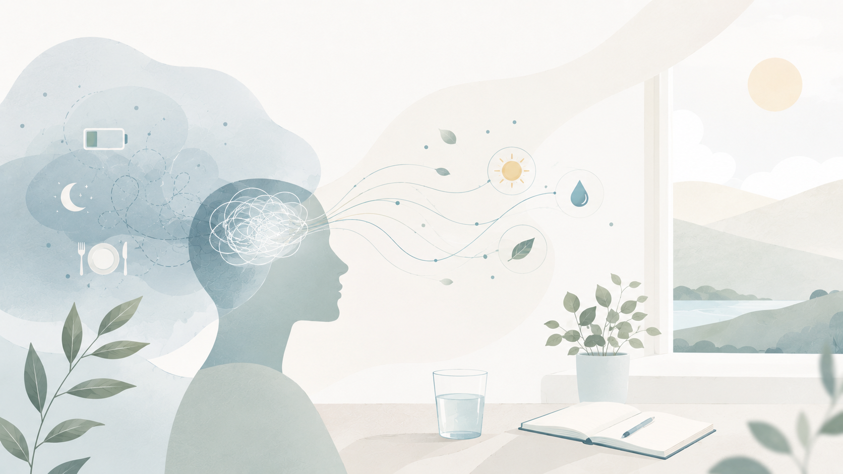 Minimalist editorial illustration of a person sitting at a desk with abstract tangled thoughts gradually becoming clear. Soft symbols representing sleep, hydration, nutrition, and nature flow toward the person, illustrating how healthy habits support mental clarity and reduce brain fog.