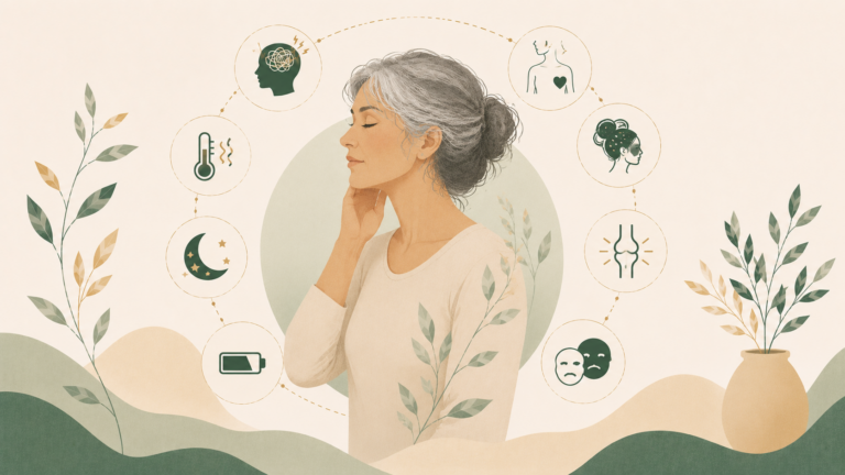 Minimalist editorial illustration of a mature woman with gray hair surrounded by symbols representing common menopause symptoms, including hot flashes, sleep changes, mood, energy, joint health, and hormonal balance in soft sage green and cream tones.