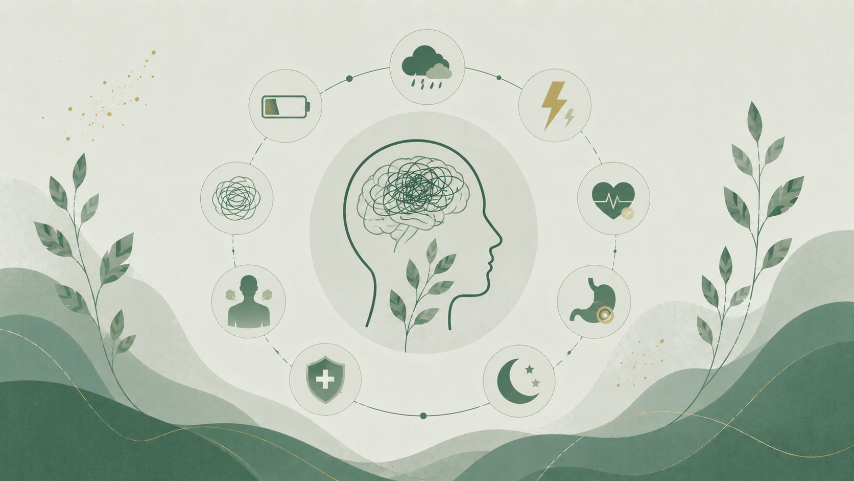 Minimalist editorial illustration with symbolic elements representing chronic stress, including brain function, energy, sleep, digestion, heart health, and emotional well-being in soft sage green, cream, and muted gold tones.