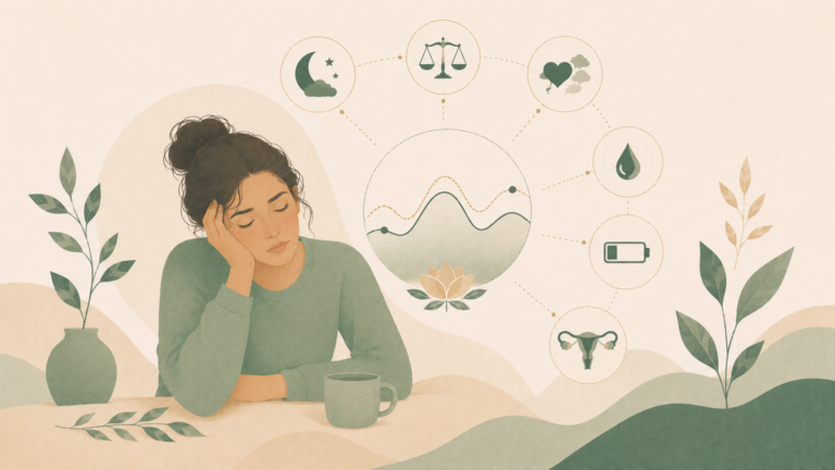 Minimalist editorial illustration of a tired woman with symbolic elements representing hormonal changes, sleep, energy levels, and the menstrual cycle in soft sage green and cream tones.