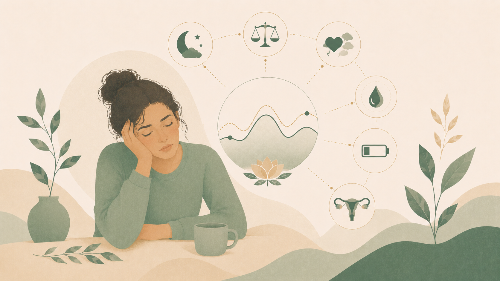 Minimalist editorial illustration of a tired woman with symbolic elements representing hormonal changes, sleep, energy levels, and the menstrual cycle in soft sage green and cream tones.