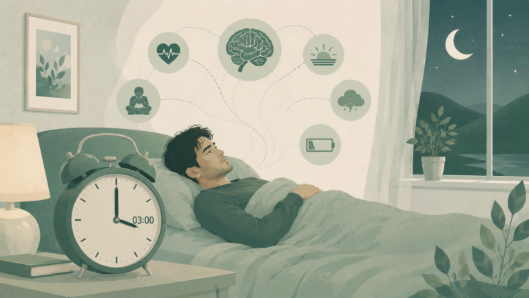 Minimalist editorial illustration of a man awake at 3:00 AM, lying in bed with a prominent bedside clock, symbolizing nighttime awakenings, racing thoughts, disrupted sleep, and anxiety in soft sage green, eucalyptus, misty sage, warm cream, and muted blue-green tones.