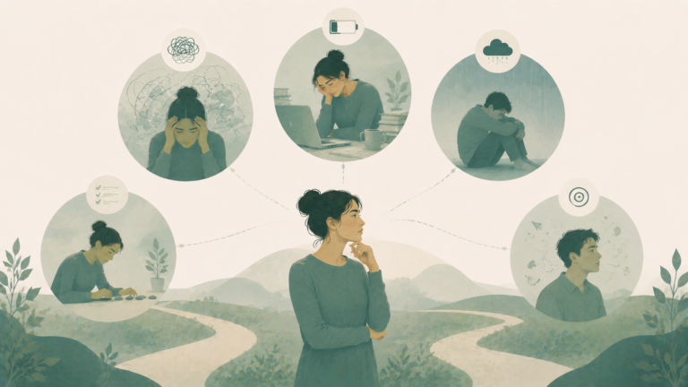 Minimalist editorial illustration comparing anxiety, burnout, depression, OCD, ADHD, and panic attacks through symbolic scenes connected to a central figure, representing the similarities and differences between common mental health conditions in soft sage green, eucalyptus, misty sage, warm cream, and muted blue-green tones.