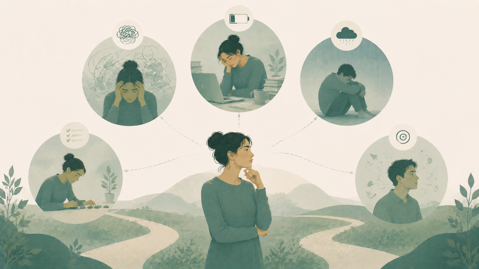 Minimalist editorial illustration comparing anxiety, burnout, depression, OCD, ADHD, and panic attacks through symbolic scenes connected to a central figure, representing the similarities and differences between common mental health conditions in soft sage green, eucalyptus, misty sage, warm cream, and muted blue-green tones.