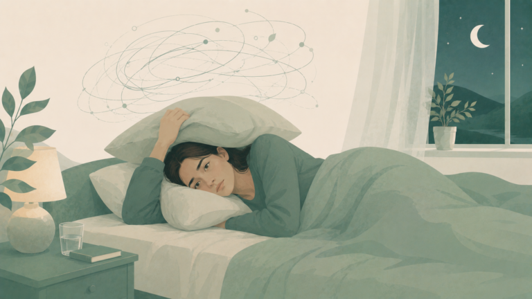 Minimalist editorial illustration of a woman lying awake in bed with a pillow over her head while repetitive thoughts circle above her, symbolizing difficulty falling back asleep after waking during the night in soft sage green, eucalyptus, misty sage, warm cream, and muted blue-green tones.
