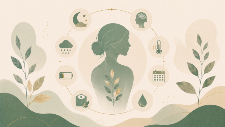 Minimalist editorial illustration of a female silhouette surrounded by symbols representing hormonal changes, including mood, sleep, energy, body temperature, menstrual cycles, and hormonal balance in soft sage green and cream tones.