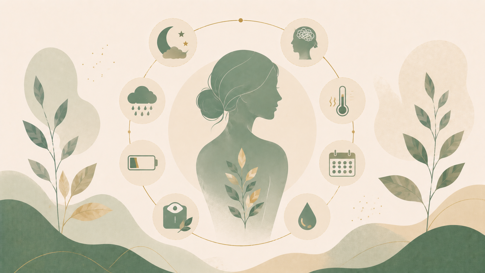 Minimalist editorial illustration of a female silhouette surrounded by symbols representing hormonal changes, including mood, sleep, energy, body temperature, menstrual cycles, and hormonal balance in soft sage green and cream tones.