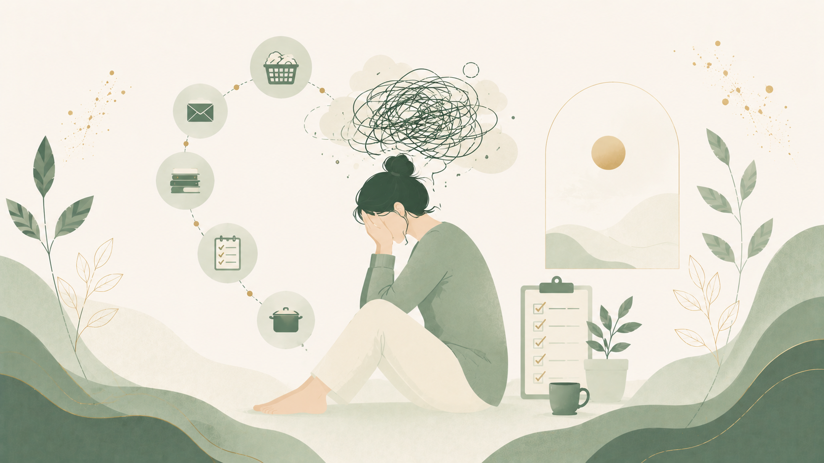 Minimalist editorial illustration representing feeling overwhelmed by everyday tasks with tangled thoughts, a growing to-do list, daily responsibilities, and mental overload in soft sage green, mint green, cream, and muted gold tones.
