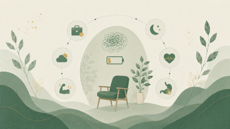 Minimalist editorial illustration symbolizing burnout with a low battery, empty chair, tangled thoughts, and icons representing sleep, energy, stress, digestion, and overall well-being in soft sage green, cream, and muted gold tones.