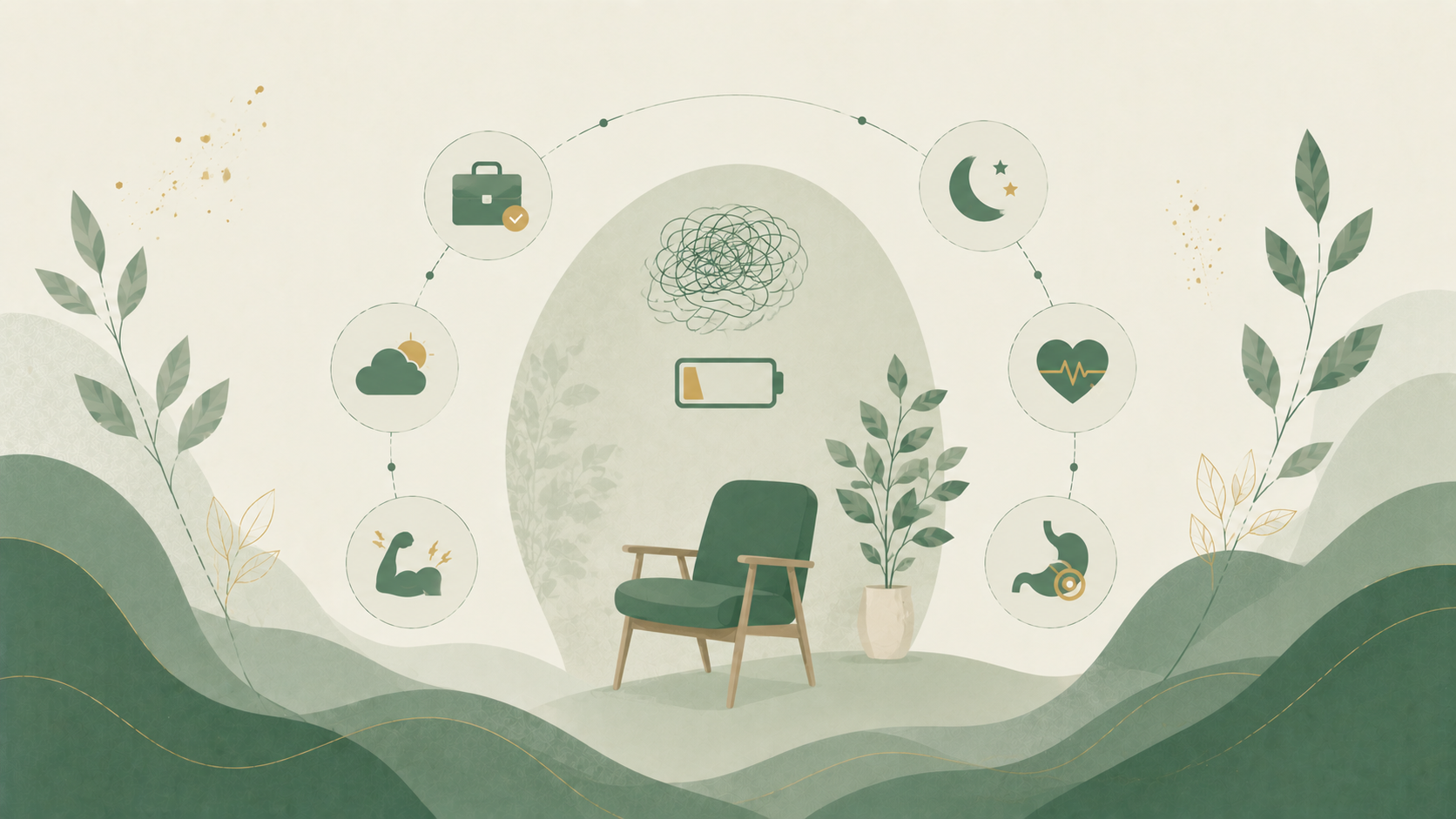 Minimalist editorial illustration symbolizing burnout with a low battery, empty chair, tangled thoughts, and icons representing sleep, energy, stress, digestion, and overall well-being in soft sage green, cream, and muted gold tones.