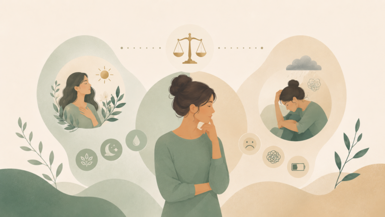 Minimalist editorial illustration comparing PMS and PMDD through two contrasting emotional states, using soft sage green, cream, and gold tones with symbolic wellness elements in a calm Scandinavian-inspired style.