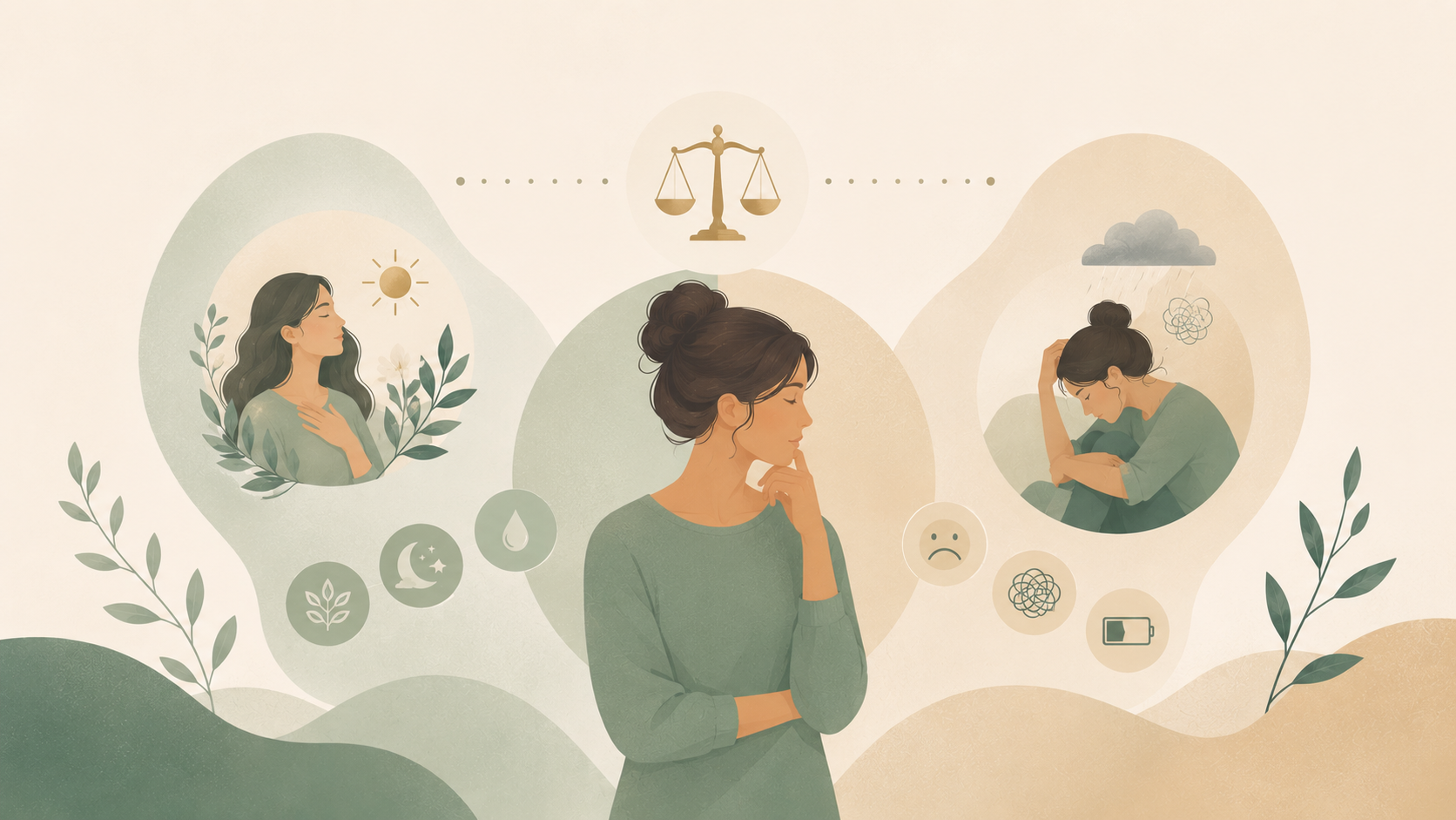 Minimalist editorial illustration comparing PMS and PMDD through two contrasting emotional states, using soft sage green, cream, and gold tones with symbolic wellness elements in a calm Scandinavian-inspired style.