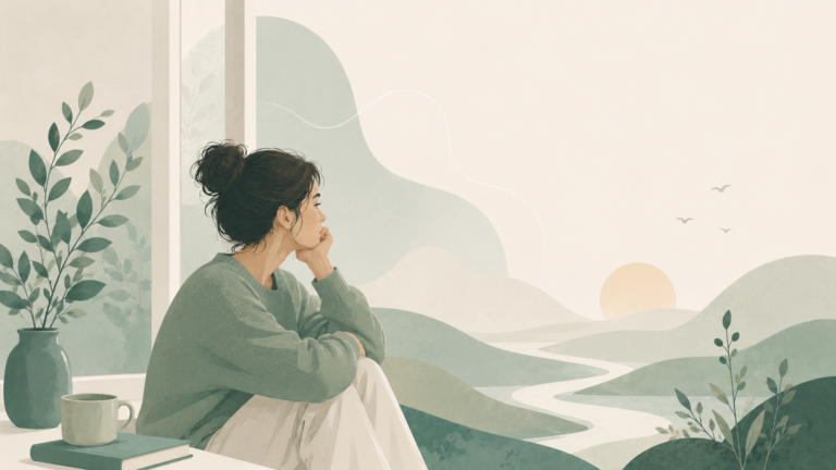 Minimalist editorial illustration of a woman quietly reflecting by a window while looking across a peaceful landscape, symbolizing emotional introspection, uncertainty, and hope in soft sage green, eucalyptus, misty sage, warm cream, and muted blue-green tones.