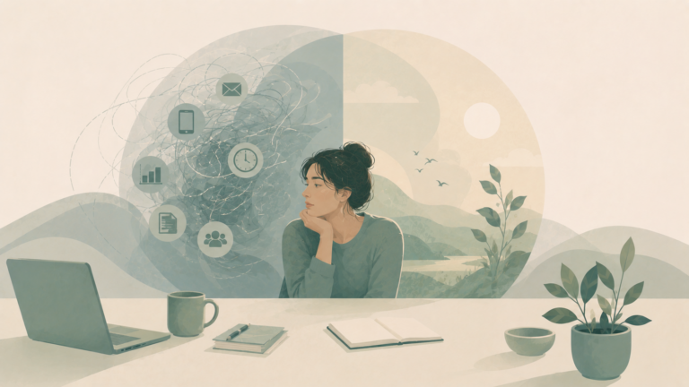 Minimalist editorial illustration comparing stress and burnout, showing a woman between a busy, mentally overloaded environment and a calm, restorative landscape in soft sage green, eucalyptus, misty sage, warm cream, and muted blue-green tones.