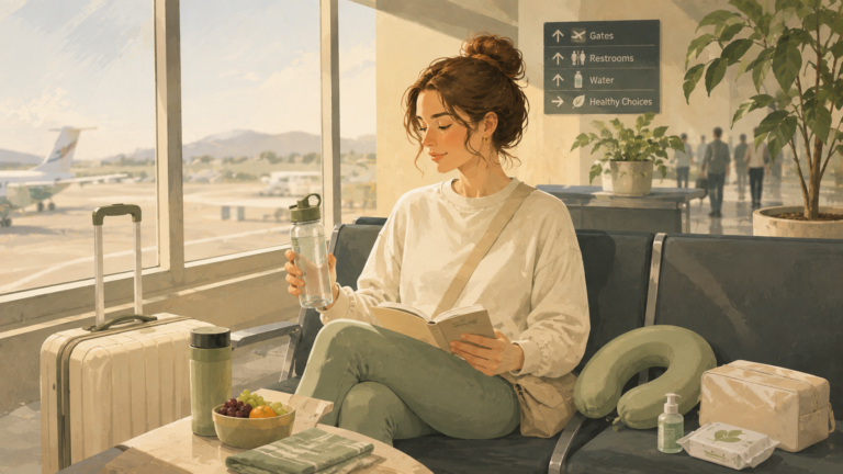A woman relaxes at an airport with healthy travel essentials, including a reusable water bottle, nutritious snacks, and a travel pillow, while preparing for a comfortable and healthy journey.