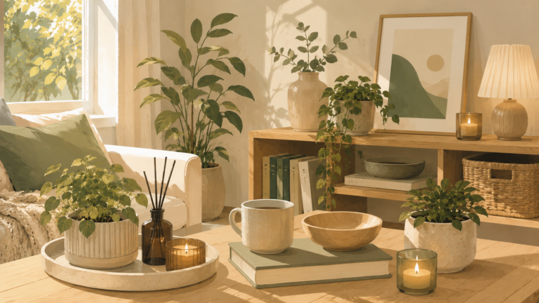 A cozy living room filled with soft lighting, natural textures, plants, candles, and calming home décor creates a warm and relaxing atmosphere for everyday well-being.