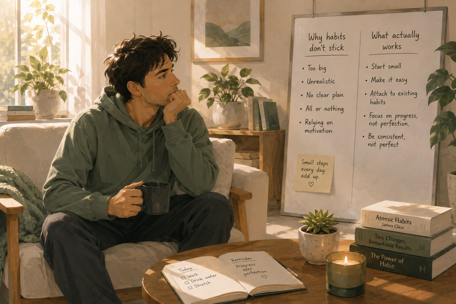 A man reflects on his daily routine while sitting in a cozy living room, with simple visual reminders showing how small, consistent habits lead to lasting change.
