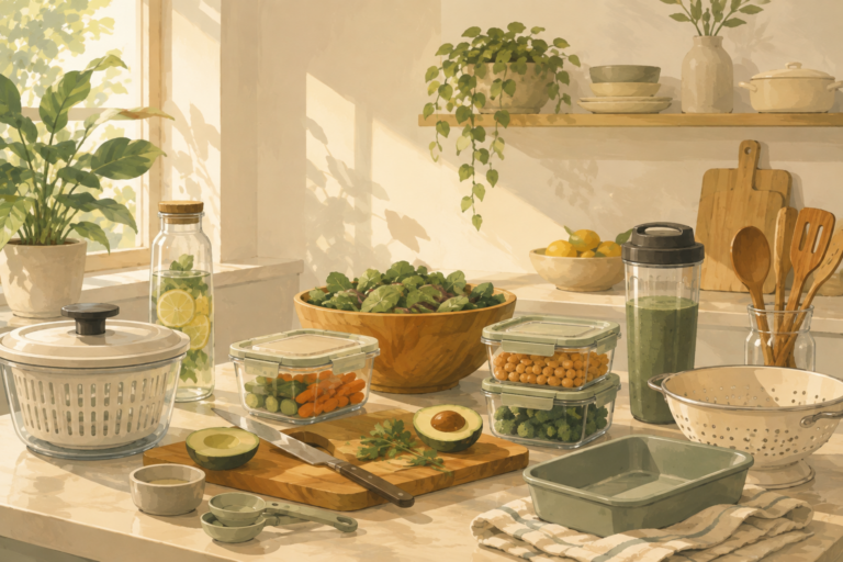 A collection of healthy kitchen essentials is arranged on a bright, sunlit countertop with fresh ingredients, meal prep containers, and everyday cooking tools.