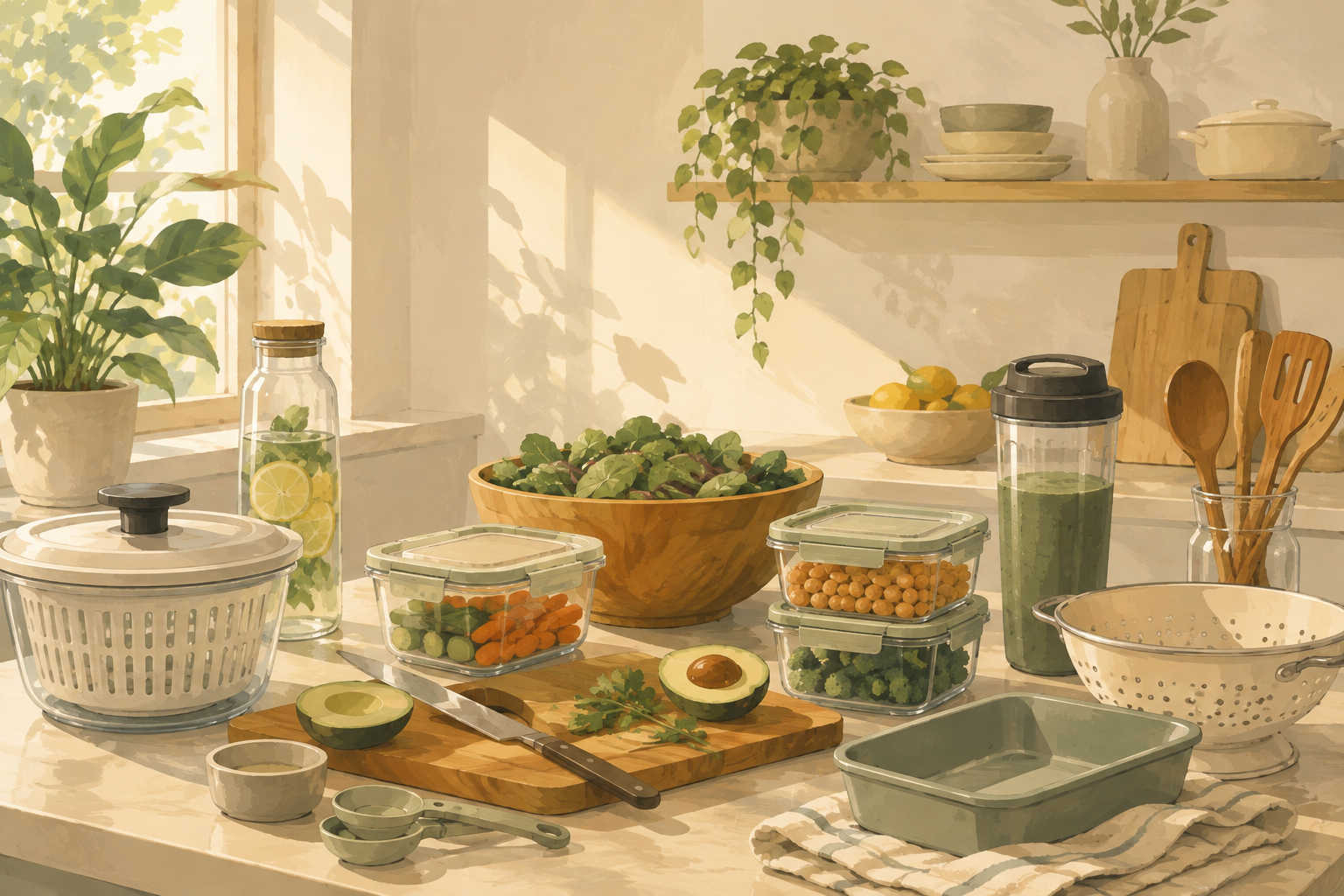 A collection of healthy kitchen essentials is arranged on a bright, sunlit countertop with fresh ingredients, meal prep containers, and everyday cooking tools.