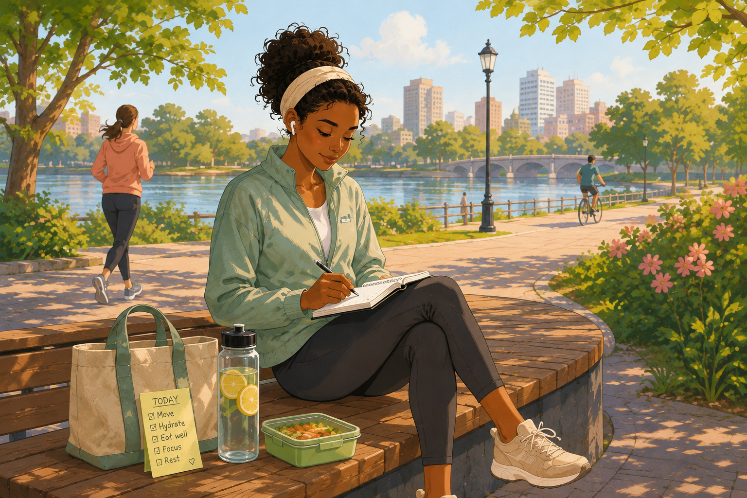 A woman journals on a park bench by the river while building healthy daily habits with water, a balanced meal, and time outdoors.