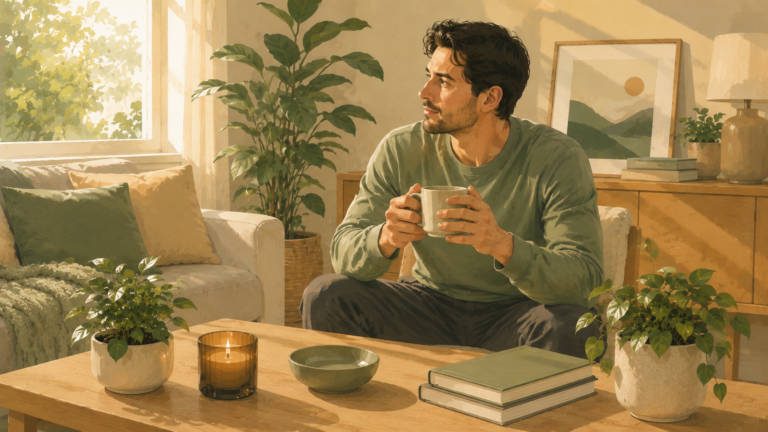 A man enjoys a quiet weekly reset in a warm, plant-filled living room, taking a mindful break with a cup of tea in a calm and organized home environment.