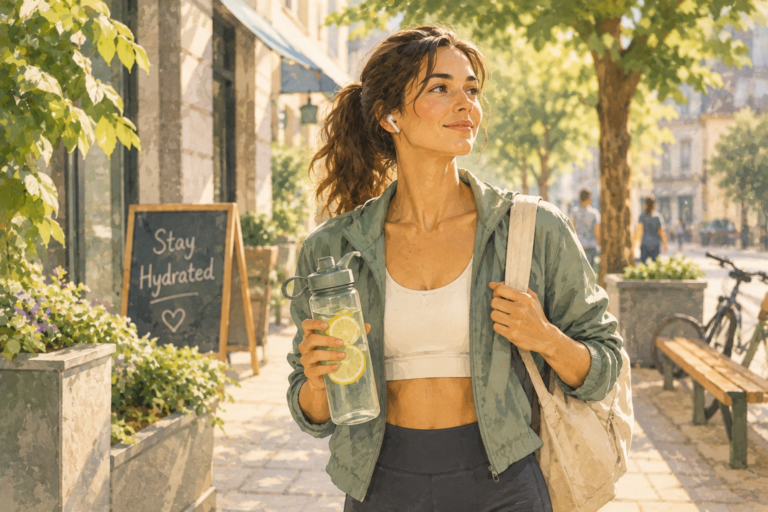 A woman drinks water from a reusable bottle while walking through a sunny city street, with everyday hydration products displayed nearby.