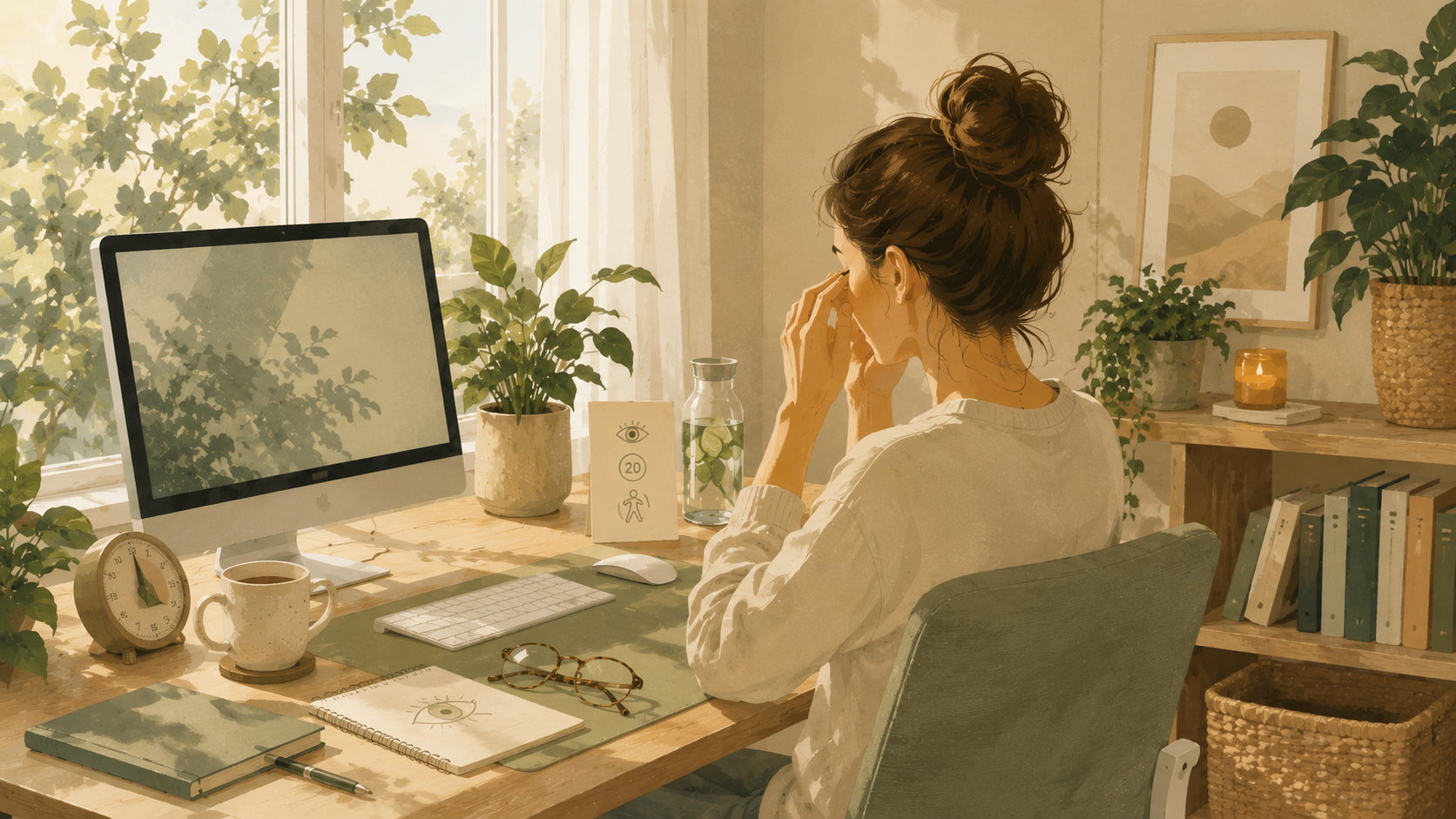 A woman takes a break from her computer in a cozy home office, resting her eyes in a calm, plant-filled workspace designed to reduce screen fatigue and support healthy digital habits.
