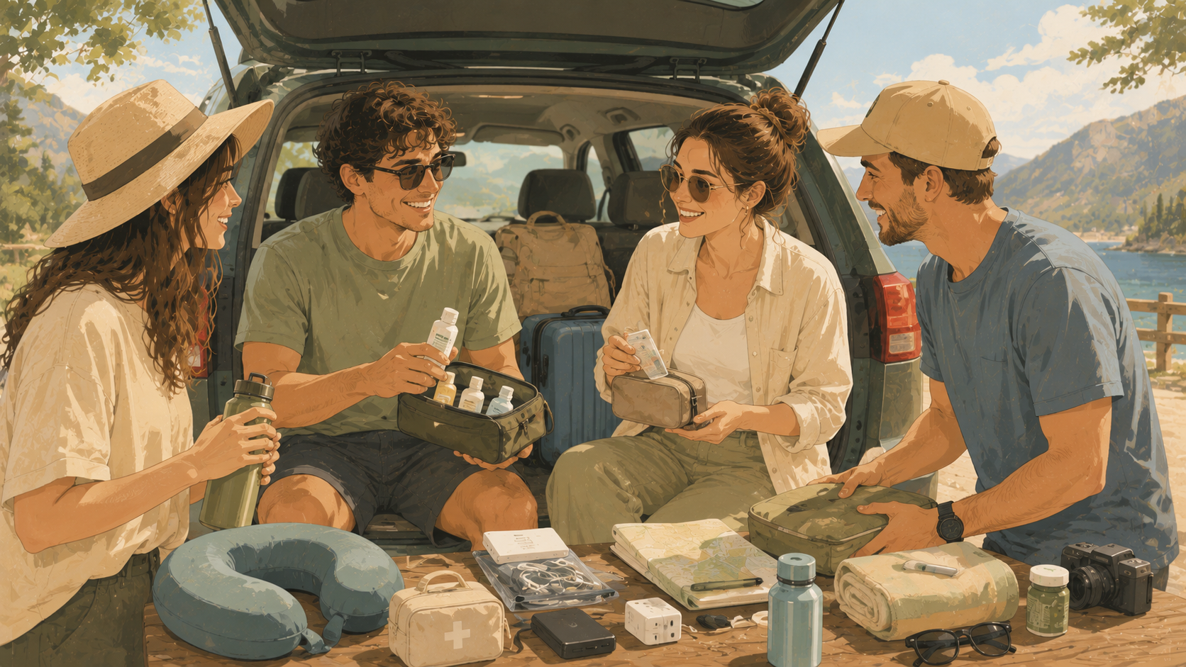A group of friends prepares for a road trip together, organizing travel essentials like reusable water bottles, a first-aid kit, maps, and luggage before setting off on a healthy outdoor adventure.