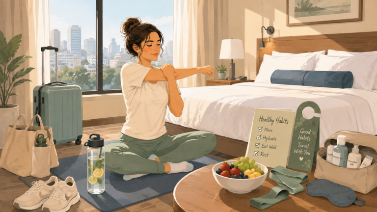 A woman maintains her healthy routine in a hotel room by stretching on a yoga mat, staying hydrated, and keeping nutritious snacks and travel essentials close at hand.