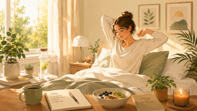 Illustrated woman stretching in bed on a calm morning, with a healthy breakfast, water, and a journal on the bedside table, creating a peaceful and refreshing start to the day.