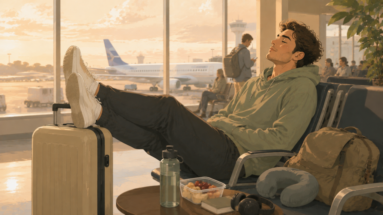 A traveler relaxes in an airport lounge after a long flight, resting with legs elevated on a suitcase while staying hydrated and taking a quiet moment to recover before continuing the journey.