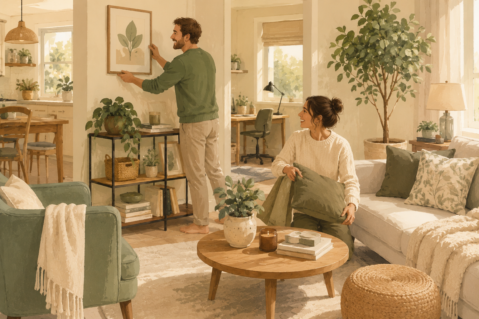 A couple refreshes their cozy living room with plants, soft textiles, and simple home décor to create a more relaxing and welcoming space.