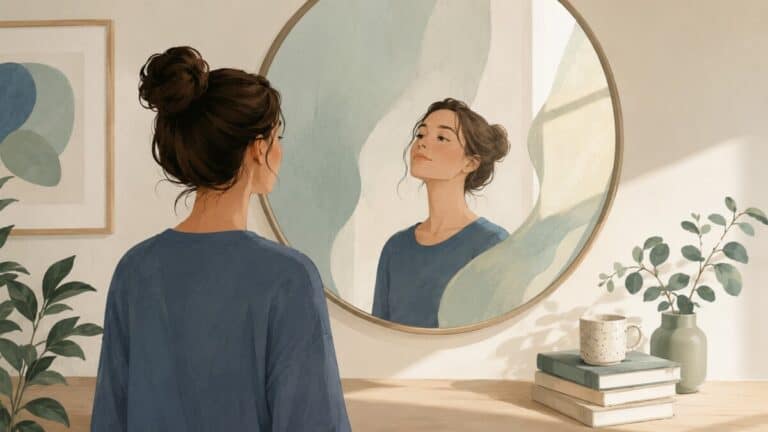 Illustration of a woman looking at her reflection in a mirror, representing self-doubt and imposter syndrome.