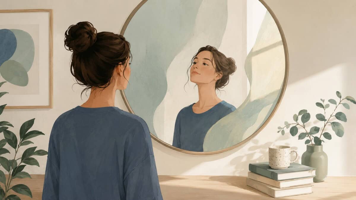 Illustration of a woman looking at her reflection in a mirror, representing self-doubt and imposter syndrome.