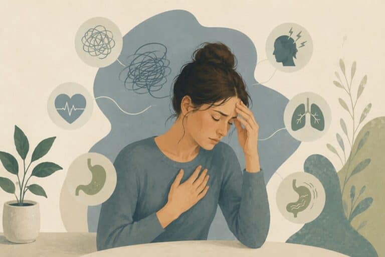 Illustration of a person experiencing physical sensations associated with anxiety, representing the connection between mental stress and the body.