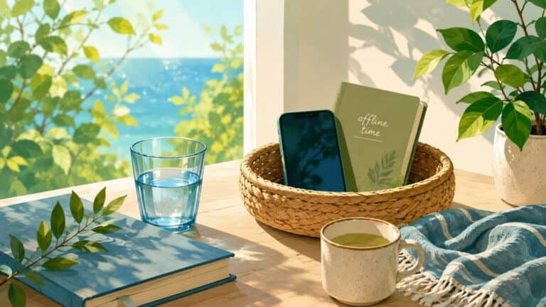 Illustration of a smartphone set aside in a basket with a journal, tea, and plants, representing a digital detox and time offline.