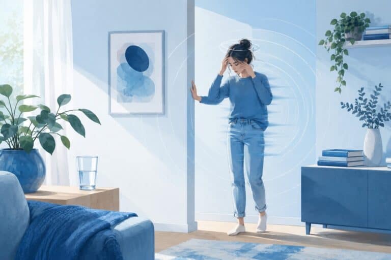 Illustration of a woman feeling lightheaded after standing up, with visual effects representing dizziness.