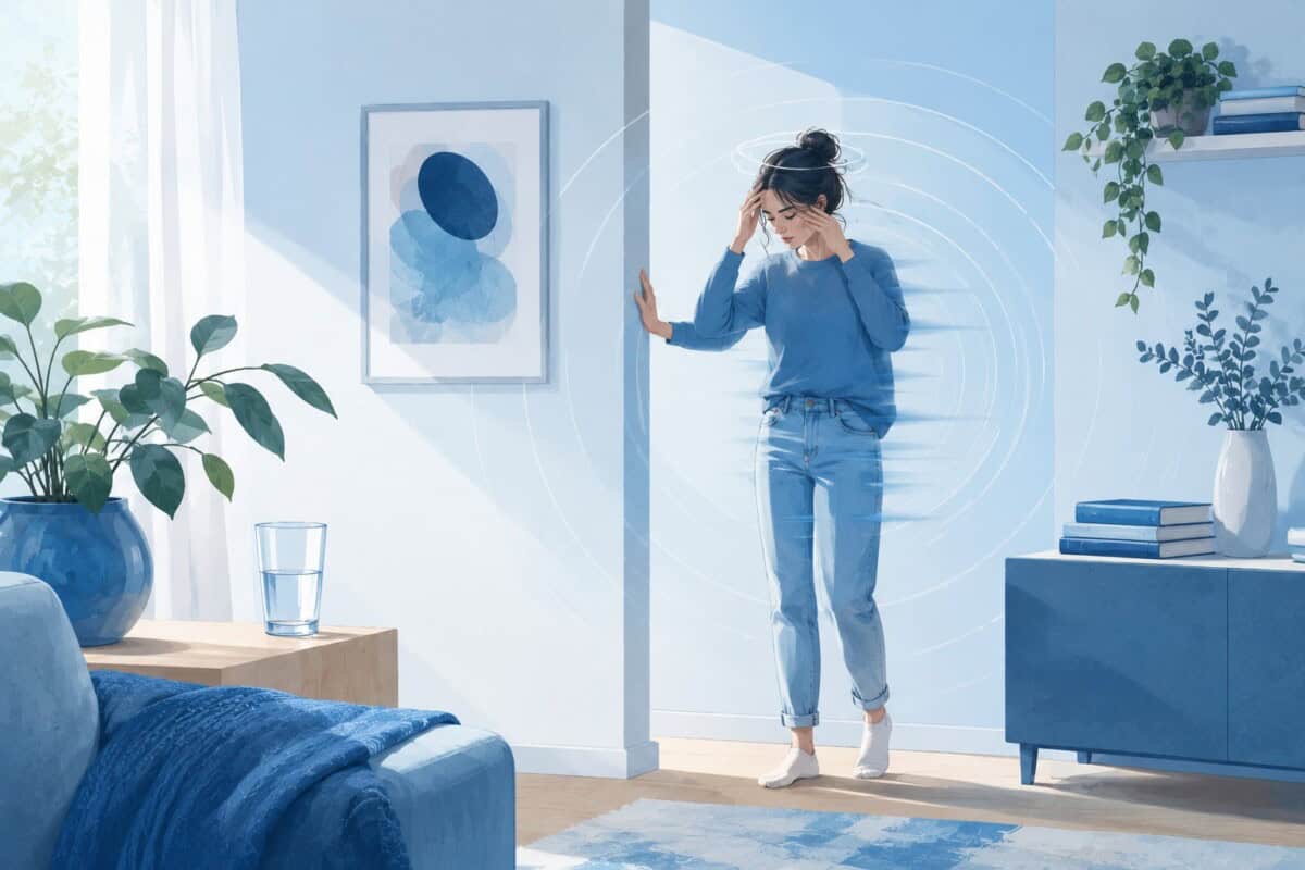 Illustration of a woman feeling lightheaded after standing up, with visual effects representing dizziness.