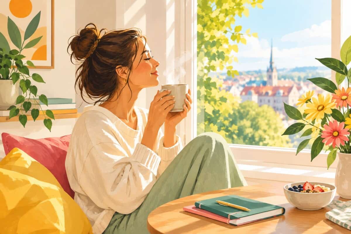 Illustration of a woman enjoying a quiet morning by a sunny window while holding a steaming cup of coffee.
