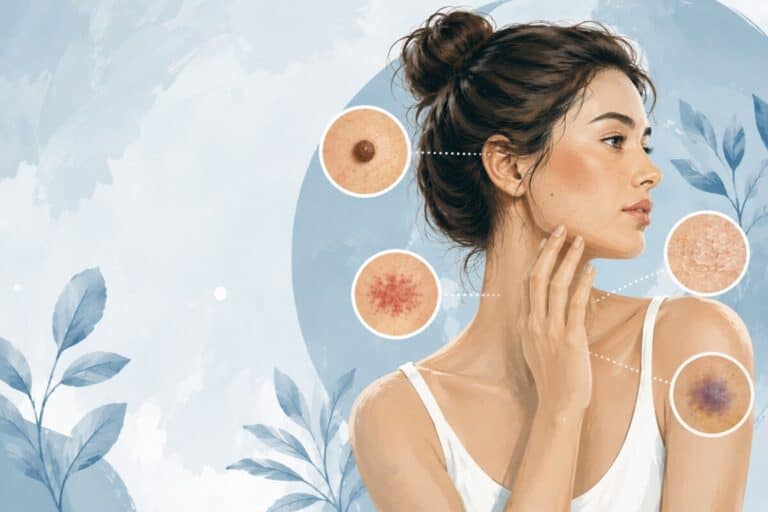 Illustration of a woman examining her skin with close-up views of a mole, rash, dry skin, and bruise.