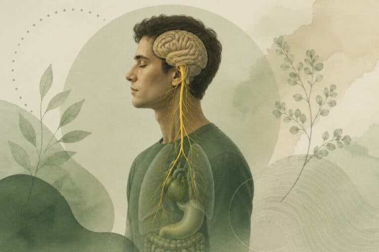 Illustration of a man in profile showing the brain, vagus nerve pathways, and internal organs involved in the body’s stress response.