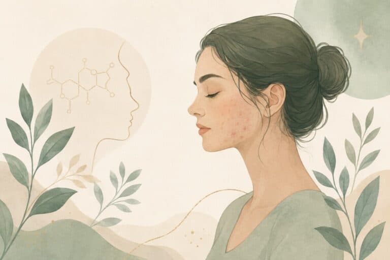 Illustration of a woman with hormonal acne along her cheek and jawline, surrounded by soft botanical and hormone-inspired elements.