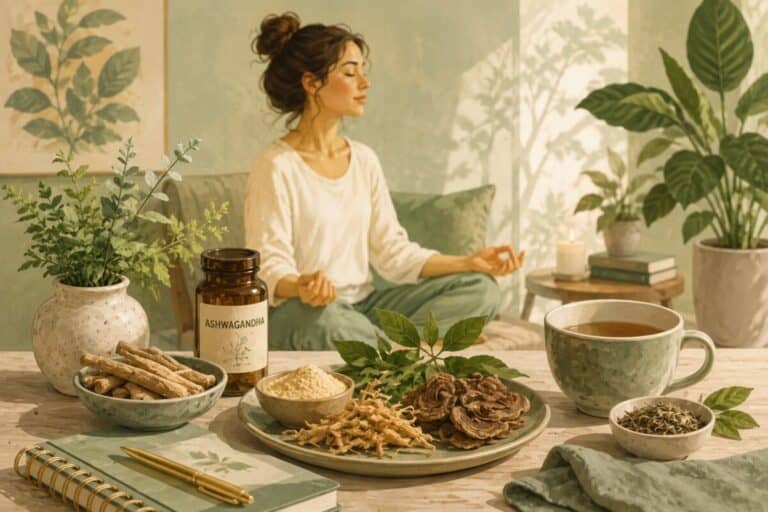 Illustration of adaptogenic herbs, mushrooms, tea, and ashwagandha with a woman meditating in a calm, green-toned setting.