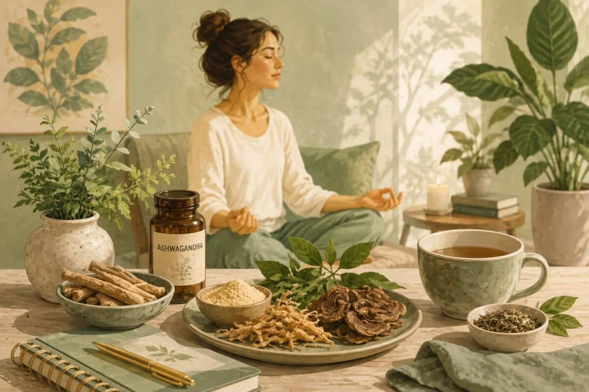 Illustration of adaptogenic herbs, mushrooms, tea, and ashwagandha with a woman meditating in a calm, green-toned setting.