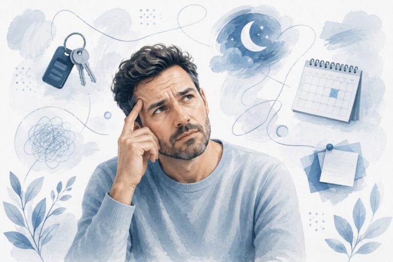 Illustration of a thoughtful man surrounded by keys, a calendar, notes, and sleep symbols representing common causes of forgetfulness.