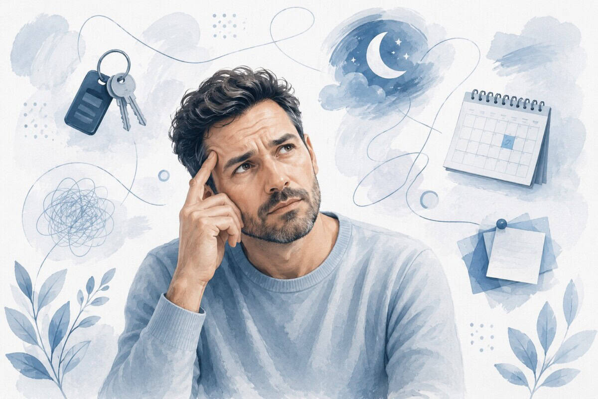 Illustration of a thoughtful man surrounded by keys, a calendar, notes, and sleep symbols representing common causes of forgetfulness.