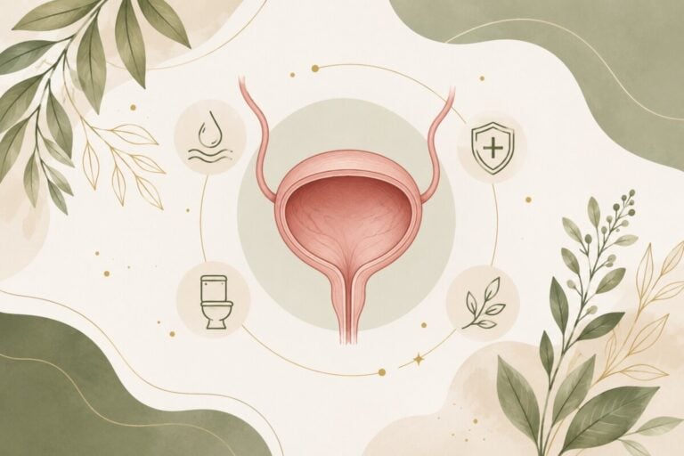 Illustration of the female urinary system surrounded by hydration, health, and wellness symbols in soft green and beige tones.