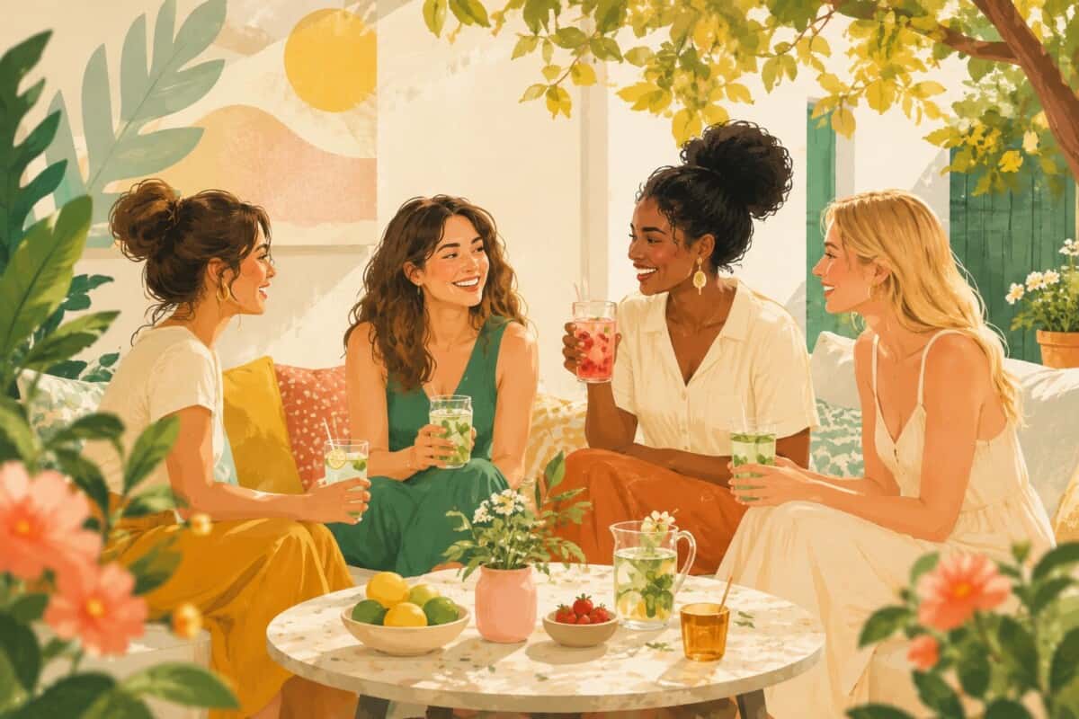 Illustration of friends enjoying an outdoor gathering with colorful alcohol-free drinks, fruit, and snacks.